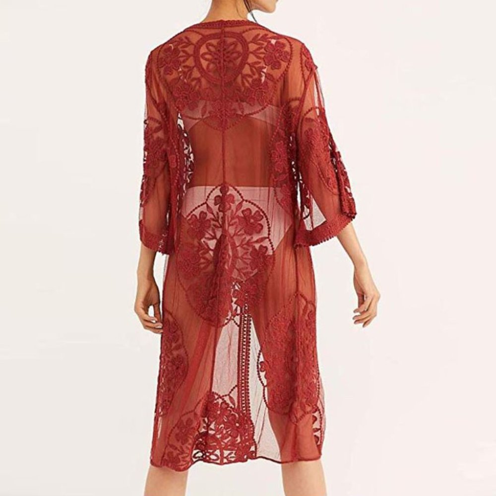 🎉HP🎉 MEILING MESH LACE KIMONO ROBE BEACH SWIM COVERUP ONE SIZE